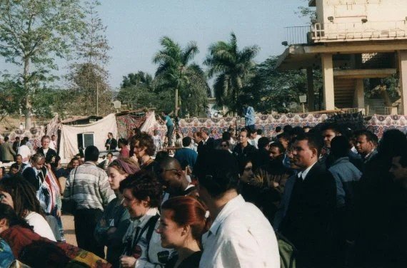 The crowd under the palm trees